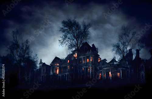 Haunted House. Creepy Atmosphere for Halloween. Fog, Moon light. Illuminated windows. © Roman Studio