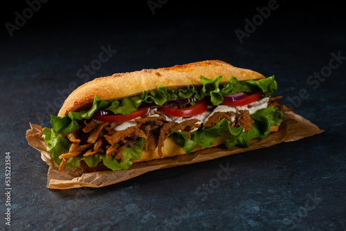 Vegetarian shoarma sandwich. A long roll. Dark mood.