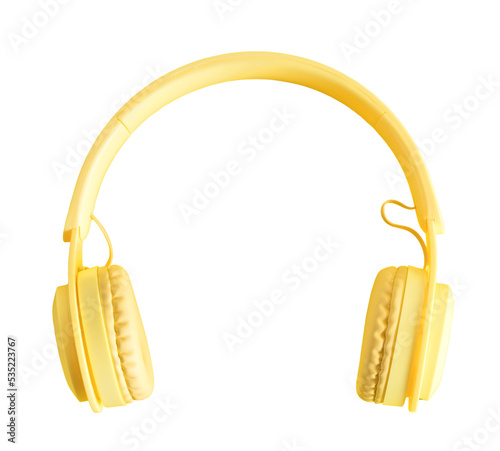 Yellow headphones or earphone wireless computer isolated on a blank background. photo