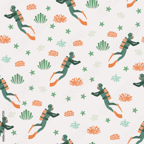 Vector seamless pattern witha diver  algae and starfish .Underwater cartoon creatures.Marine background.Cute ocean pattern for fabric  childrens clothing textiles wrapping paper
