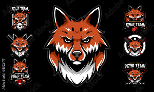 Fox Head Mascot Logo with logo set for team football, basketball, lacrosse, baseball, hockey , soccer .suitable for the sports team mascot logo .vector illustration.