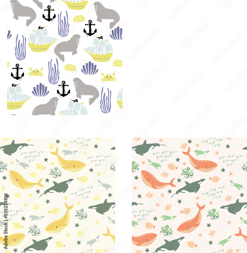 Vector seamless pattern with fish,penguin,whale,killer whale, octopus.Underwater cartoon creatures.Marine background.Cute ocean pattern for fabric, childrens clothing,textiles,wrapping paper