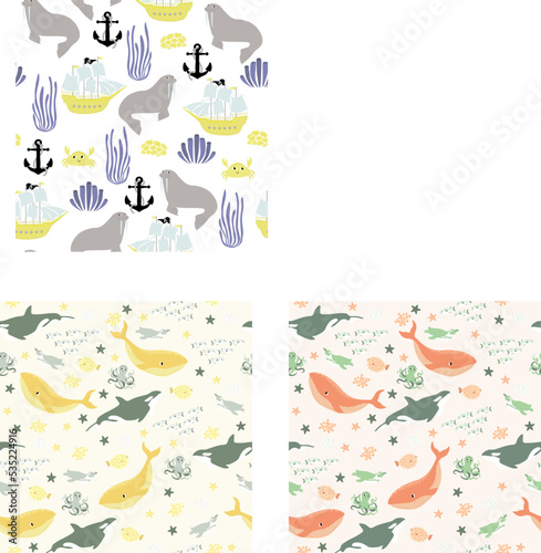 Vector seamless pattern with fish,penguin,whale,killer whale, octopus.Underwater cartoon creatures.Marine background.Cute ocean pattern for fabric, childrens clothing,textiles,wrapping paper