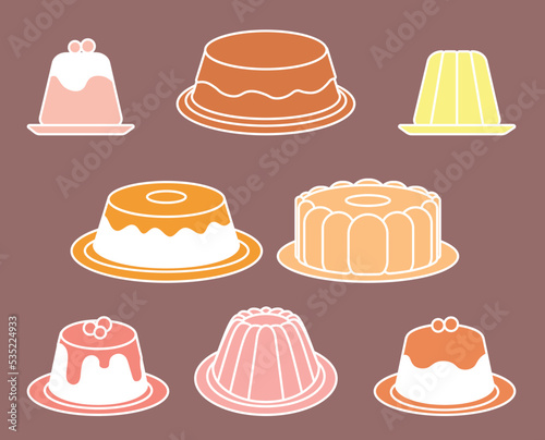 Set of isolated pudding, cake and cream sweets vector icon illustrations with white outline and simple colors.