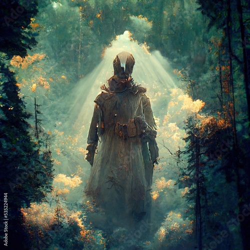 Creature of the woods scene 3D illustration with dramatic lighting and painting style reflecting the cultural heritage of another world