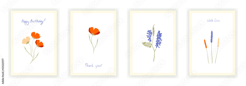 Vector watercolor flowers. Cards with flowers.