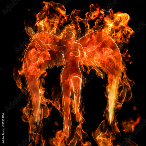 3D Rendering of an Angel Burns up in a Hot Fire Flame