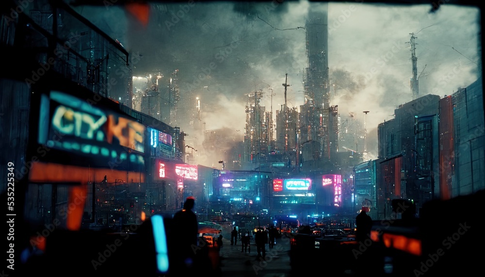 Fototapeta premium sci-fi city scene 3D illustration background wallpaper with copy space