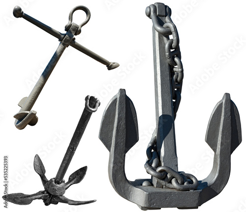 Photos Three old anchors (folding grapnel anchor), isolated on transparent background, photography, png