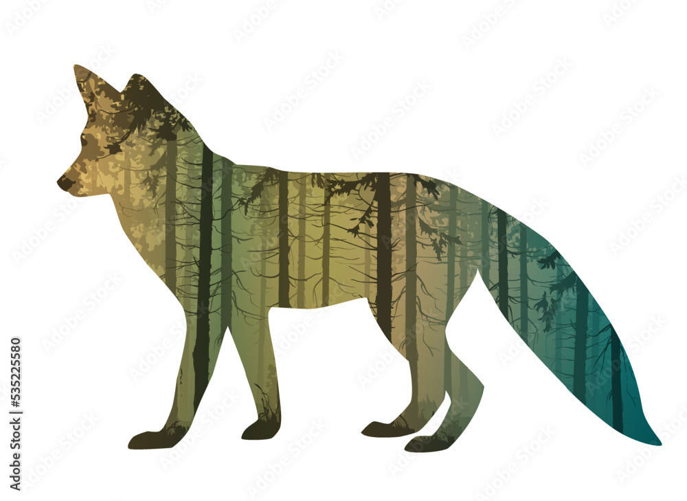Fototapeta premium Fox silhouette with forest inside, vector illustration, isolated object 