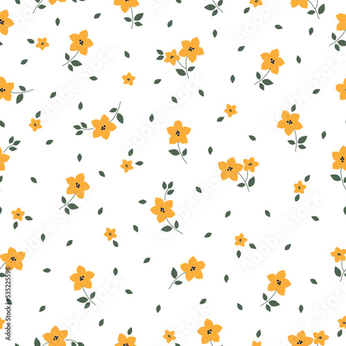 Vintage floral background with yellow flowers , green leaves. white background. Seamless pattern for design and fashion prints.Stock vector illustration.