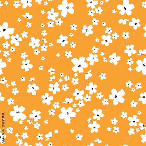 Simple vintage pattern.  white flowers. orange  background. Fashionable print for textiles and wallpaper.
