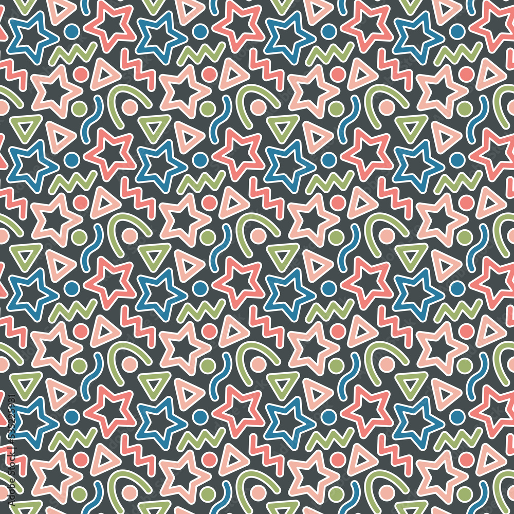 Festive abstract seamless pattern. Geometric shapes, colorful elements with white strokes, holiday ornamental transparent background. Vintage multicolor color palette. Vector Festive abstract seamless pattern. Geometric shapes, colorful elements with white strokes, holiday ornamental transparent background. Vintage multicolor color palette. Vector