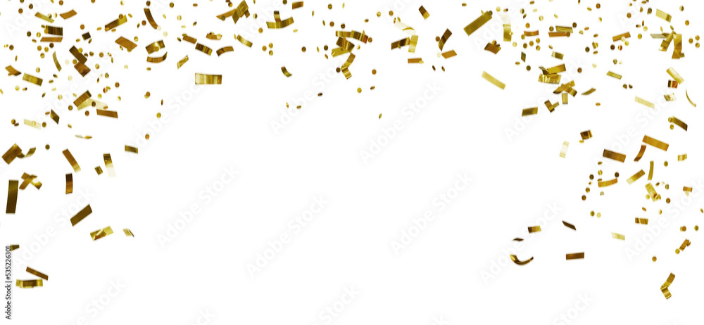 Glittering golden confetti png. Glittering golden confetti falls from above on transparent background. Celebrate festivals. - obrazy, fototapety, plakaty 