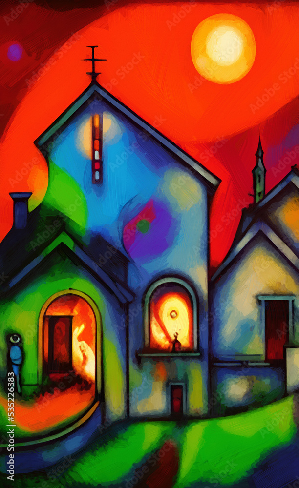Digital painting burning house - cubism, surrealism and expressionism mixed style. Creative art poster, canvas. Print design cards, souvenirs, commercial. Graphic drawing with oil and pastel imitation