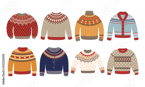 Christmas knitted sweaters set. Winter wool pullovers are decorated with ornaments. Vector Illustration