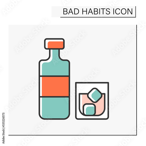 Drinking color icon. Unhealthy addiction. Drinking alcohol. Whiskey with ice on glass. Narcotic.Bad habits concept. Isolated vector illustration