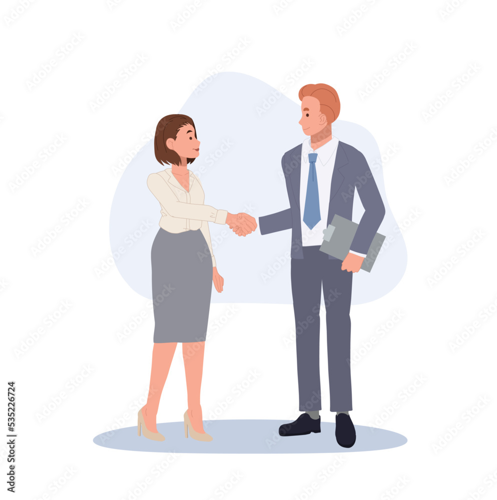 Man and woman shaking hands achievement in deal. office workers shaking hands, contract, teamwork, partnership.Vector illustration. Man and woman shaking hands achievement in deal. office workers shaking hands, contract, teamwork, partnership.Vector illustration.