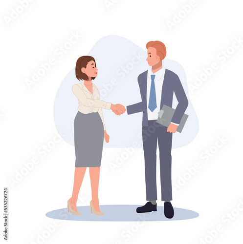 Man and woman shaking hands achievement in deal. office workers shaking hands, contract, teamwork, partnership.Vector illustration.