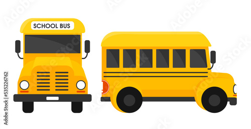 School bus front and side view. Yellow passenger transport for transportation of children and trips on excursions with vector comfort