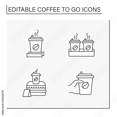Coffee to go line icons set. Buying fragrant morning coffee. Ordering and delivery. Coffee to go concept. Isolated vector illustrations. Editable stroke