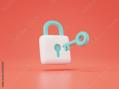 3d render of padlock with key isolated on red.