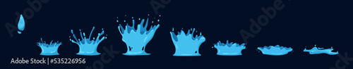 Falling blue drop animation. Liquid in gradual frame bymframe motion with surface impact and various vector splash effects