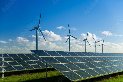Wind turbine and solar panels energy generaters on wind farm