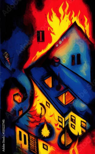 Digital painting burning house - cubism, surrealism and expressionism mixed style. Creative art poster, canvas. Print design cards, souvenirs, commercial. Graphic drawing with oil and pastel imitation photo