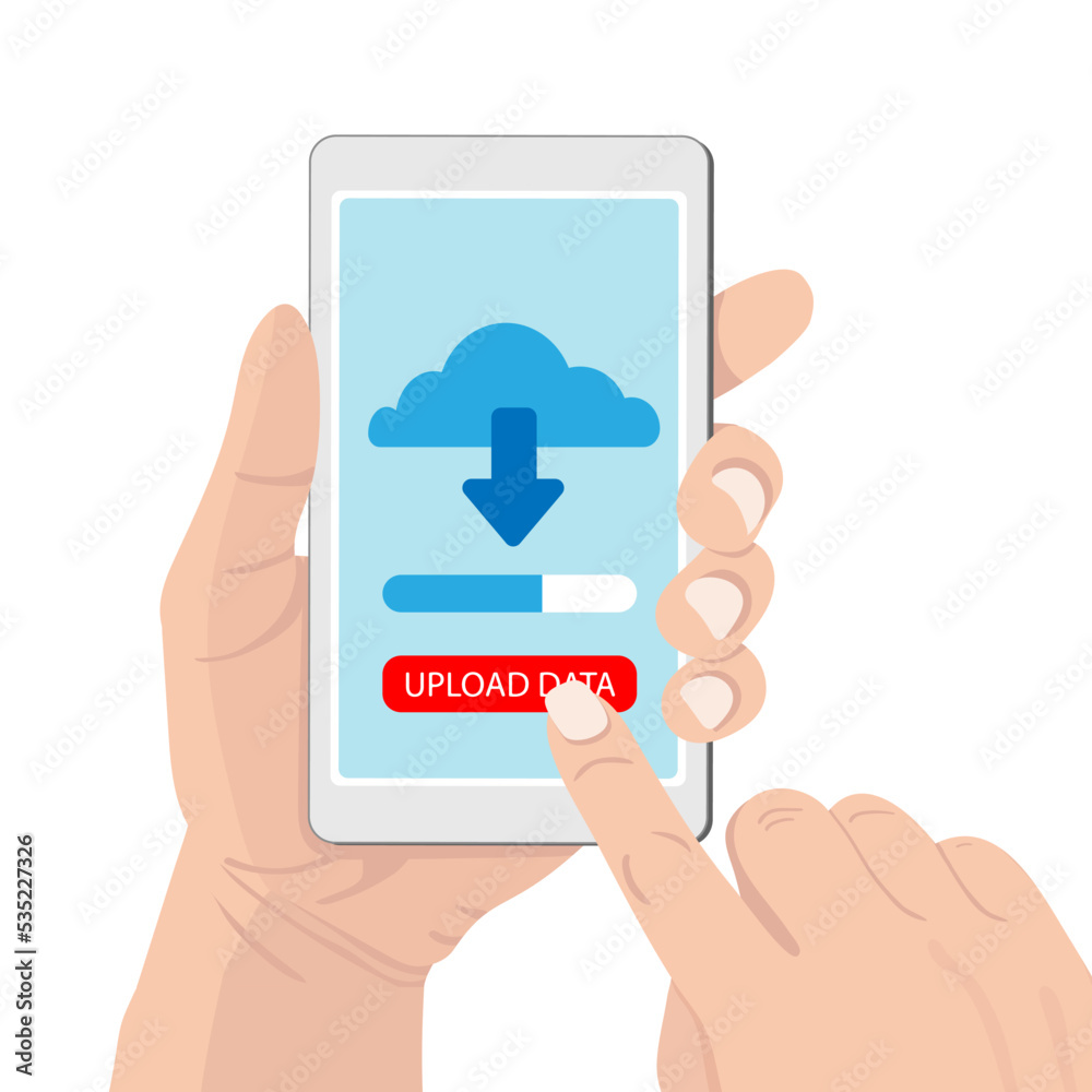 Smartphone with cloud and file download button in hand. Upload data, cloud computing, business concept. Flat vector Illustration. Smartphone with cloud and file download button in hand. Upload data, cloud computing, business concept. Flat vector Illustration.