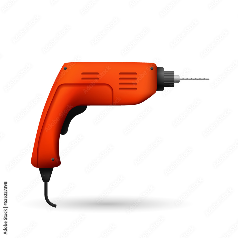 Orange electric drill. Powerful handheld screwdriver for drilling holes and removing bolts useful device in home and factory vector use
