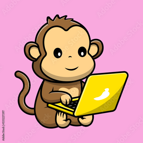 Cute Monkey Working On Laptop Cartoon Vector Icons Illustration. Flat Cartoon Concept. Suitable for any creative project. photo