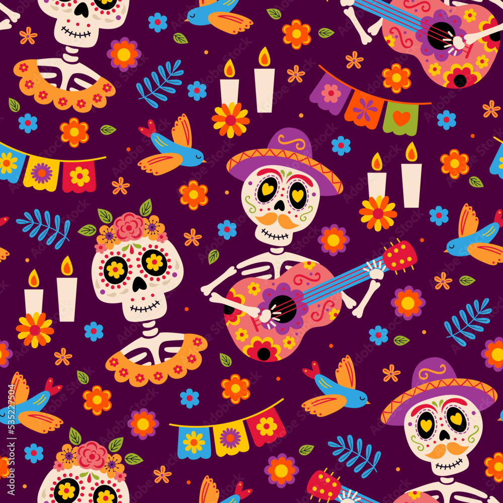seamless pattern with Mexican man and woman skeletons