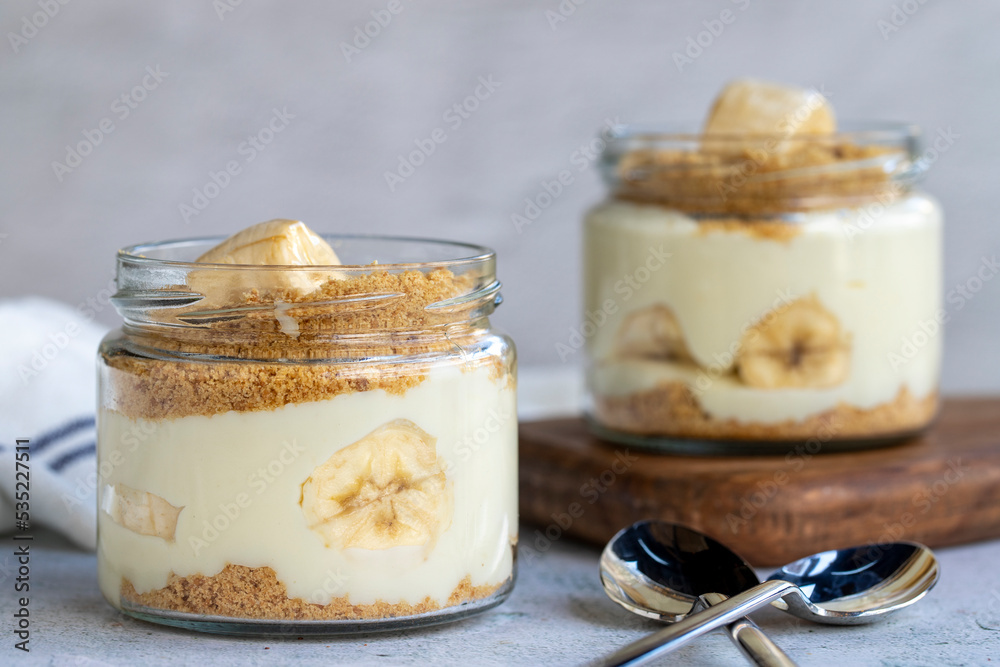 Banana magnolia dessert. Delicious magnolia dessert in glass bowl. close up Banana magnolia dessert. Delicious magnolia dessert in glass bowl. close up