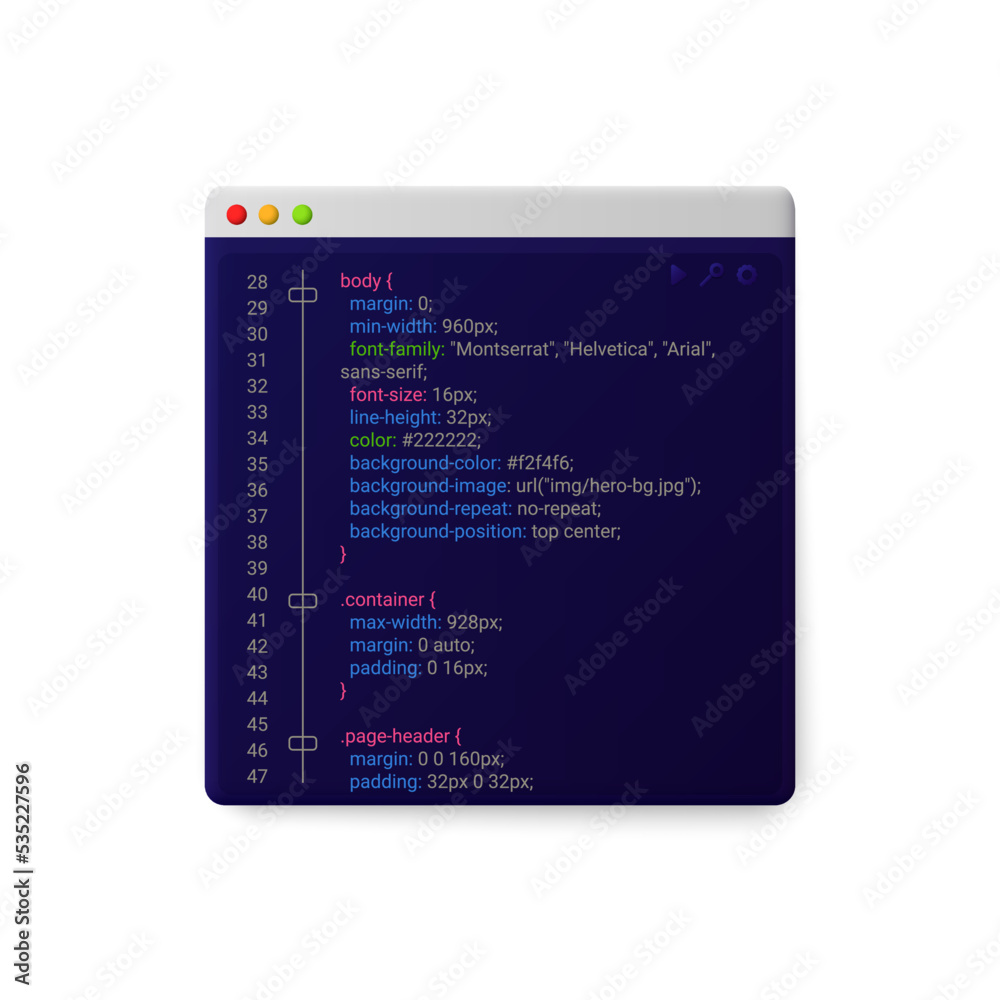Online windows site with code template. Creation of website with programming and coding commands and use of vector software interface