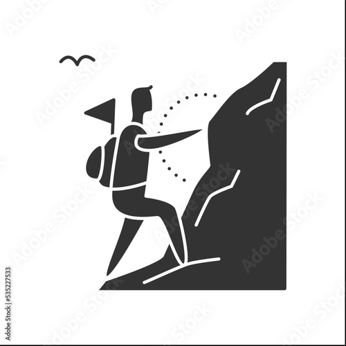  Mountaineering glyph icon. Alpinism. Adventure tourism. Trekking, hiking. Mountain climbing. Extreme traveling. Tourism types concept.Filled flat sign. Isolated silhouette vector illustration