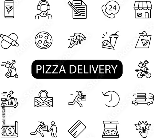 Collection of vector pizza delivery on white background. Set of simple icons in silhouette. Vector illustration. EPS 10