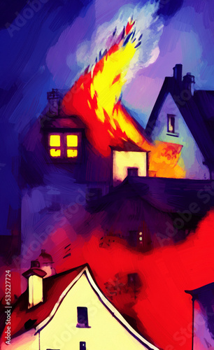 Digital painting burning house - cubism, surrealism and expressionism mixed style. Creative art poster, canvas. Print design cards, souvenirs, commercial. Graphic drawing with oil and pastel imitation