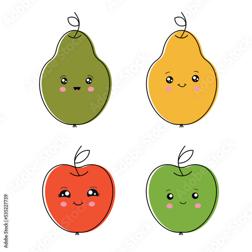 Set of emoticons on colorful pears and apples. Funny cartoon emoticons. Vector illustration isolated on white background