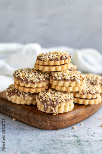 Chocolate Hazelnut Cookies. Homemade cookies on gray background. close up