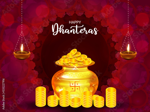 Illustration of gold pot with gold coins and handing oil lamps on a beautiful red color mandala background.