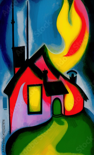 Digital painting burning house - cubism, surrealism and expressionism mixed style. Creative art poster, canvas. Print design cards, souvenirs, commercial. Graphic drawing with oil and pastel imitation photo