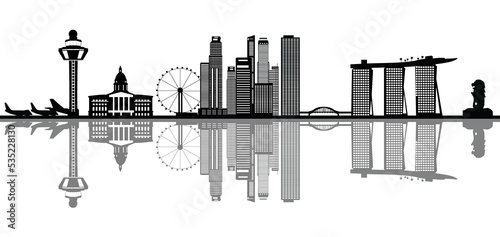singapore skyline illustration with merlion and airport in black and white