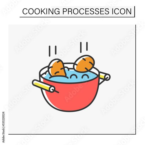 Potato color icon. Boiled potatoes in pot. Tasty food. Cooking process concept. Isolated vector illustration