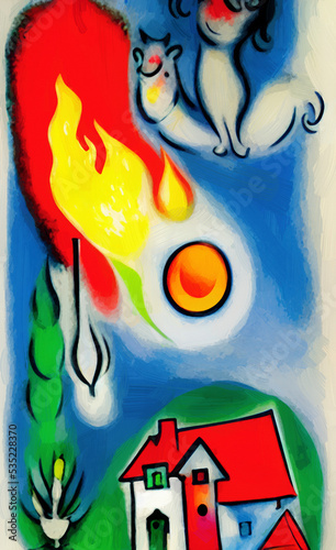 Digital painting burning house - cubism, surrealism and expressionism mixed style. Creative art poster, canvas. Print design cards, souvenirs, commercial. Graphic drawing with oil and pastel imitation