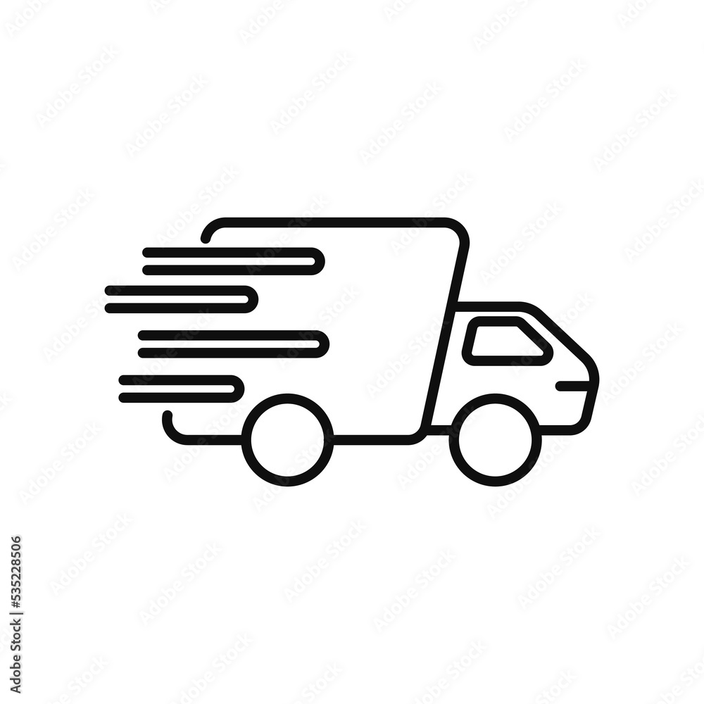 Fast delivery icon. Black truck travels at great speed for quality commercial freight and distribution of vector parcels and goods Fast delivery icon. Black truck travels at great speed for quality commercial freight and distribution of vector parcels and goods
