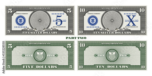 Vector set of gaming banknotes obverse and reverse with an empty circle in the center, denominations of 5 and 10 silver dollars. Part two photo