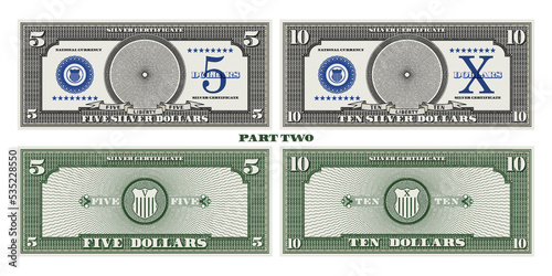 Vector set of gaming banknotes obverse and reverse with an empty circle in the center, denominations of 5 and 10 silver dollars. Part two