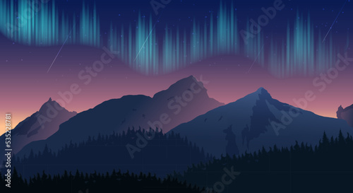Mountains with aurora landscape gradient vector illustration