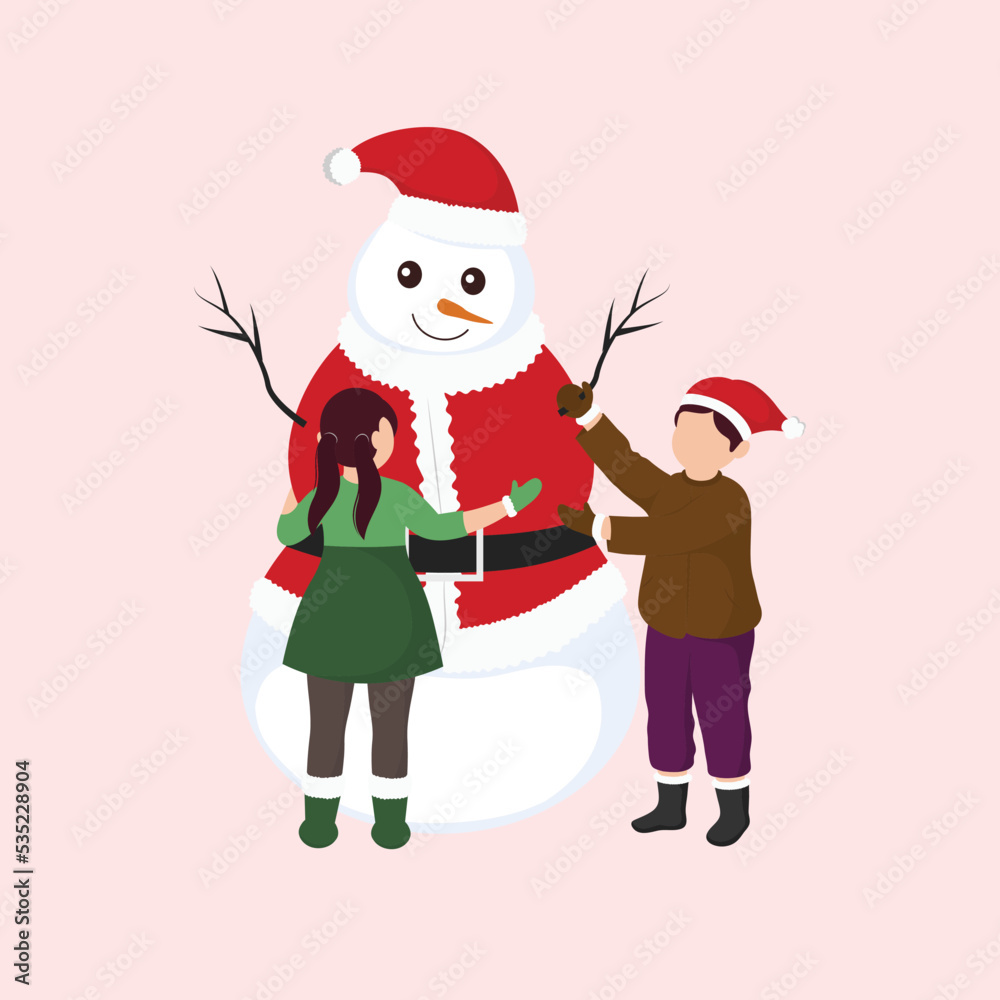 Cartoon Snowman Wearing Santa Hat With Kids Standing On Pink Background.